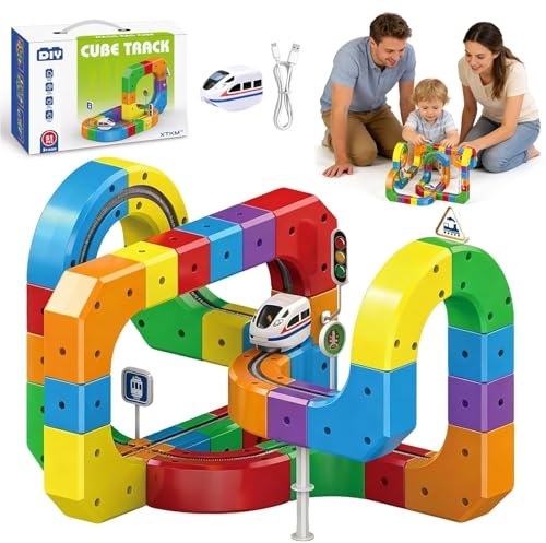 COLEESON Clickrail Electric Train Set, 51PCS Magic Rail Cube Track