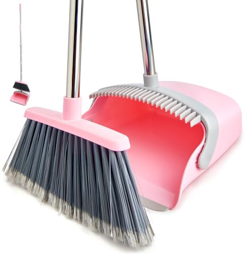 XXFLOWER Broom and Dustpan Set, Dustpans with Broom Combo for Home, Heavy Dust Broom and Dustpan Combo, Long Handle Dust Pan and Broom Set for Kitchen, Office, Pet Hair(Gray Pink)