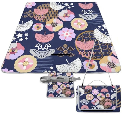 SEEKJOYS Picknickdecke mit japanischem Element-Muster, faltbar, tragbar, 3-lagig, wasserdicht, sanddicht, Stranddecke für Outdoor, Camping, Reisen, Gras, Rasen, Park, Musikfestival