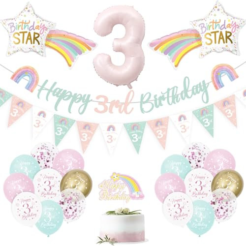 3. Geburtstag Mädchen, Geburtstagsdeko 3 Jahr, Mit Luftballon 3, Happy Birthday Banner, Deko 3. Geburtstag Mädchen, Kindergeburtstag Deko