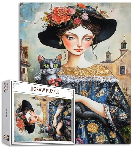 Tucocoo Elegantes Damen-Puzzle, 1000 Teile, Puzzles für Erwachsene, schönes Retro-Mädchen mit Katze, Kunst-Puzzles für anspruchsvolle Familienaktivitäten, buntes Bastelpuzzle für Zuhause,