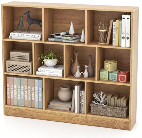 COSTWAY Wooden Cube Bookcase, 3 Tier Open Storage Shelving Unit with 10 Compartments and 2 Anti-Tipping Kits, Freestanding Display Bookshelf for Living Room, Bedroom and Study (Natural)