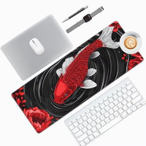 Tapis de Souris XXL 1500x800 mm Tapis de Souris Noir sous Main Bureau, Tapis de Souris Koï Rouge Mouse Pad, Tapis Souris Gamer XXL, Imperméable, Base Antidérapant, pour Maison/Bureau/Gamer -796HDM