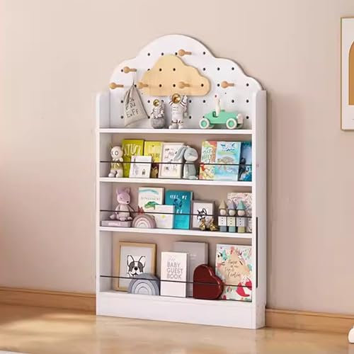 Children's Bookshelf with Hooks 4 Tier Wall Mount Organizer for Bedroom Living Room & Classroom Solid Wood Magazine Rack & Storage with Hidden Door