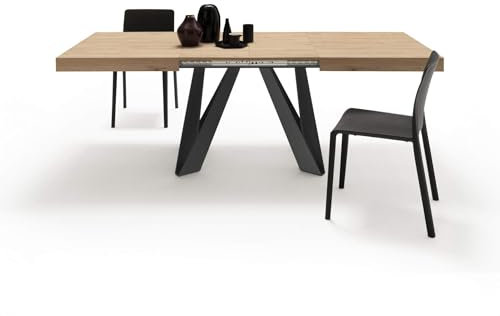 MOBILI FIVER, Mesa Extensible Romina 140(220) x90cm, Madera Natural con Patas en Hierro Negro, para 6-10 Personas, Mesa Extensible de Comedor, Mesa Cocina, Salon, Made In Italy