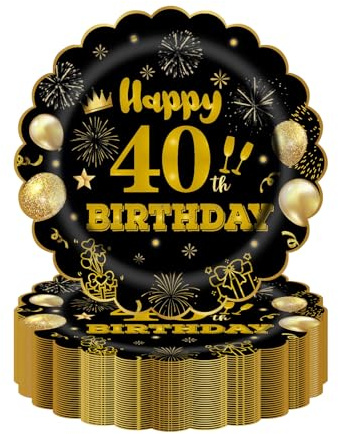 HFBOBP Lot de 50 assiettes en carton jetables pour fête d'anniversaire 40 ans, 17,78 cm, noir et doré, dessert, fête, pour mariage, anniversaire de mariage