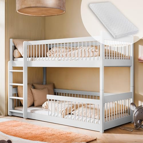 Hochbett Kinder Etagenbett Kinderbett | Massiv Kiefernholz abgerundete Kanten, umbaubar zu 2 Betten, inkl. 2 Matratzen | Größen: 80x180, 90x190, 90x200 cm | 80x180 cm von 3. bis 12. Lebensjahr | Weiß