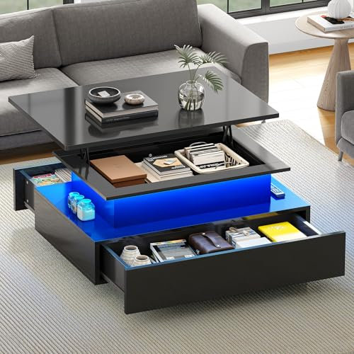 DWVO Couchtisch Hochglanz mit Schublade, Wohnzimmertisch Höhenverstellbar Modern mit 16-farbigem LED, Wohnzimmer Tisch für Couch