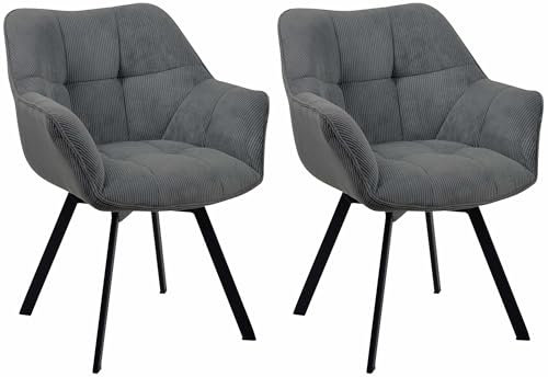 CLP Esszimmerstuhl 2er Set ergonomisch Jordi Cord, drehbar mit Armlehnen, Polstersessel, 4-Fuß-Metallgestell, bis 150 kg, mit Bodenschonern, Farbe:dunkelgrau