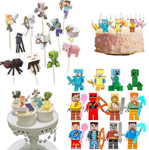 HemaGati Cake Toppers Kit - 24PCS Mini Block Figures & Flags for Birthday Cupcake Decorations - Durable Plastic Cake Decorations for Kids Party, Themed Cakes,3D Happy Birthday Decoration