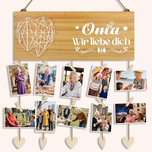 Sanyetral Oma Wir liebe dich,Oma Geschenk Holzschild Fotoseil und Holzpfähle, Großmutters Geburtstagsgeschenk, großes Geschenk für Oma zum Geburtstag, Muttertag oder Weihnachten