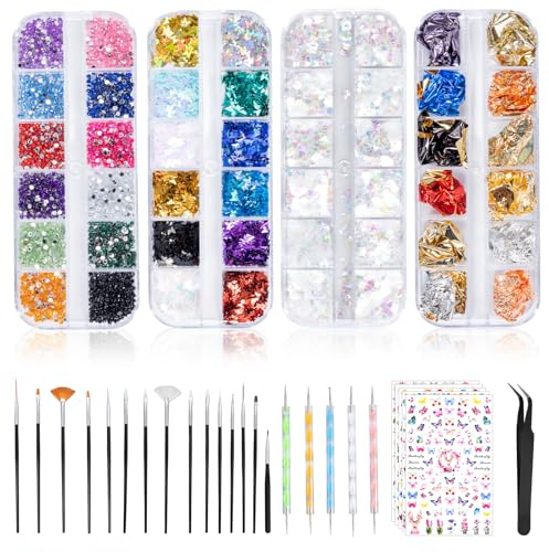 Kiperline Lot de 10000PCS strass pour ongles Kit, 15 Pcs Pinceaux Ongles Nail Art Brosses, 5 Pcs Dotting Pens Dotting Tool Nail Art, 5 Pcs Autocollants Nail Art, 4 Boîte de Strass Colorés