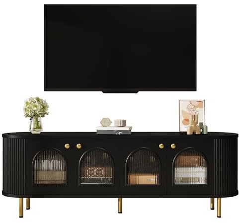 Meuble TV avec portes en verre, meuble bas avec pieds en métal doré, meuble multimédia moderne avec structure ondulée élégante, unité de rangement avec passe-câbles et charnières à fermeture douce