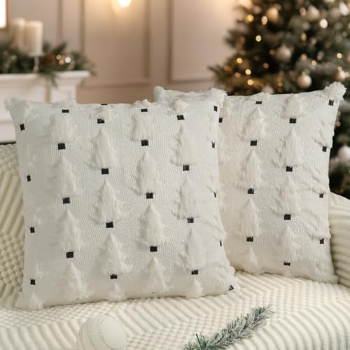 Miaikoe Weihnachtskissenbezüge 45x45 cm Set von 2 weiche Plüsch-Impost-Fell-Weihnachtsbaum-Wurfkissenbezüge für Winterferien-Xmas-Dekoration Creme Weiß