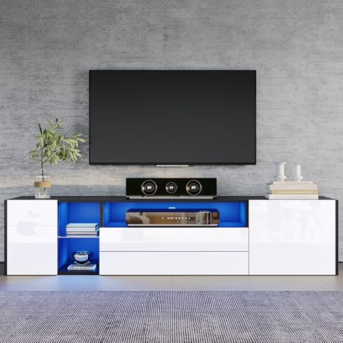 Soweiz Mueble de TV de alto brillo LED de alto brillo con 2 cajones y 2 armarios, apto para televisores de 75 pulgadas, color blanco y negro, 180 x 40 x 45 cm