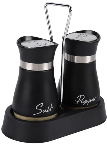Salt and Pepper Sets, Salt and Pepper Shakers with Holder, Set of 2 Stainless Steel and Glass Bottle Salt Shaker Cellar Dispenser for Kitchen, Cooking, Camping (Black)