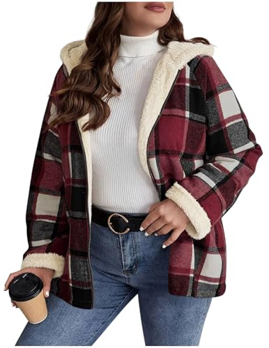 Women's Fleece Zip up Jacket Plaid Fleece Hooded Zip Shacket New Womens Plaid Jacket Sherpa Lined Flannel Jackets with Pocket Warm Winter Casual Outerwear