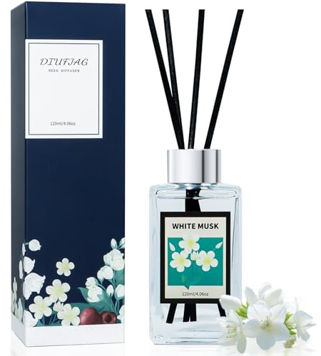 DIUFJAG Weißer Moschus Raumduft Duftstäbchen Mit 8 Stäbchen,120ml,Home Duft White Musk Reed Diffuser Lufterfrischer für Schlafzimmer Büro Badezimmer Regal Dekor