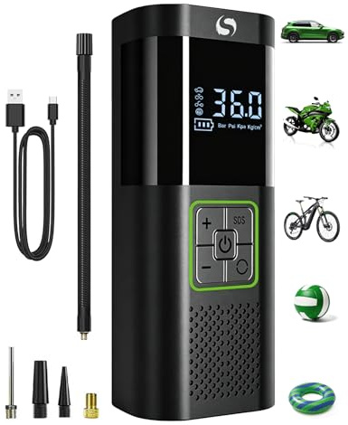 SERVOMASTER Compressore Aria Portatile, Mini Compressore a Batteria | con Manometro, Accessori Auto per Gli Uomini Donne, 150PSI Gonfiatore Elettrico con Luce LED Adatto per Auto Moto Bici Palla