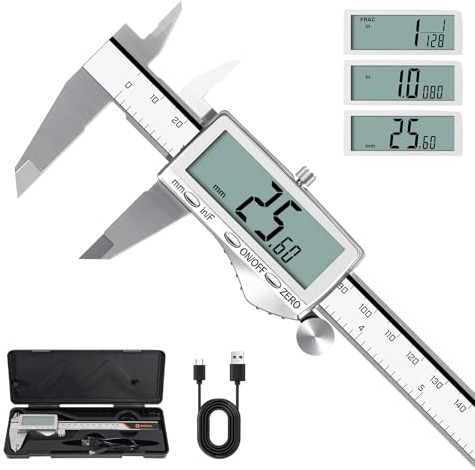 HARDELL Pied à coulisse numérique rechargeable, écran LCD géant, acier inoxydable, arrêt auto, pouce/mm/fraction. Précis, durable, idéal pour bricolage, maison, impression 3D.