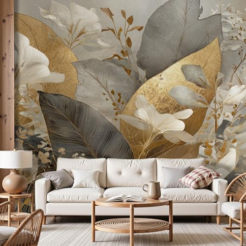 Vlies Tapete Natur Dschungel, Vlies Fototapete Tropische Pflanzen, Gold Blätter Fototapeten Wohnzimmer Schlafzimmer Art Wandtapete Wanddekoration Moderne Tapete Mustertapete 350x256 cm