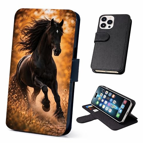 Speaking of Gifts Stunning Black Horse Wallet Phone Case Flip Cover Compatible with iPhone SE 7 8 X XR 11 12 13 14 15 16 16E 17 Plus Mini Pro Max – Faux Leather Beautiful Horse Print, Equestrian Gift