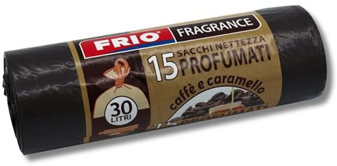 FRIO Lot de 15 Sacs Poubelle 30 Litres au Parfum de CAFÉ et CARAMEL, 52x58cm, Couleur Noire, Sacs Poubelle de Qualité Premium, Extra Résistants