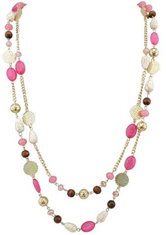 Bocar 14K Placcato Oro Catena di Collegamento 2 Strati di Cristallo Legno Acrilico colorato Donne Partito Lungo Collana Regalo (NK-10084-rose)
