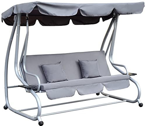 Outsunny 2-in-1 Garden Swing Seat Bed, 3 Seater Convertible Swing Chair Bench with Tilting Canopy, Cushioned Seat and 2 Pillows for Patio, Garden, Light Grey