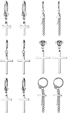 Aroncent Kreuz Ohrringe Ohrstecker Set: 6 Paare Herren Damen Ohrstecker Ohrschmuck mit Kreuz Anhänger Edelstahl Gestüt Stecker Unisex Ohrhänger Kruzifix Kreuz Ohrhänger Kette Gotik Punk Rock Silber