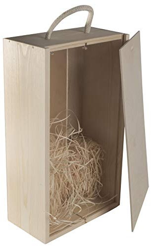 WooDeeDoo 2 Bottle Wine Wooden Box with Sliding Lid and Rope Handle – 35 x 20.5 x 10.5 cm – Double Gift Crate with Wood Wool for Presentation Storage or Personalised Decoration