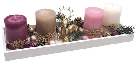 Adventsgesteck Weihnachten Weihnachtsdeko Tablett Hirsch Gold Rosa Beere Deko 40cm
