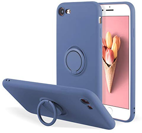 UEEBAI Case for for iPhone 7/8/SE 2022 5G/SE 2020, Ultra Slim Liquid Silicone Phone Case Ring Holder Kickstand Magnetic Car Mount Gel TPU Cover for iPhone SE3/SE2 - Blue Grey