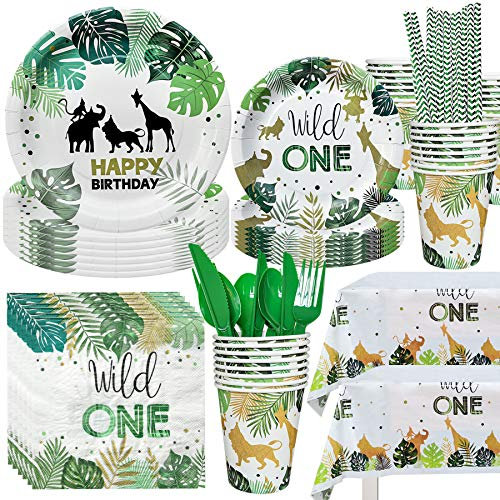 NAIWOXI Wild One Birthday Decorations - Safari Birthday Decorations, Including Safari Plates, Cups, Napkins, Tablecloth, Straws, Cutlery, Wild One Party Supplies for 24 Guests