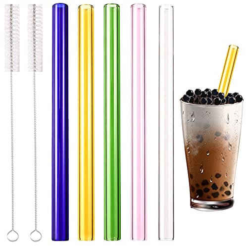 Glas Strohhalme, 5 Stück 14mm Mehrfarben Geraden Glas Strohhalm mit 2 Stück Reinigungsbürste, Glasstrohalme Wiederverwendbar bubble tea strohhalme für Cocktail Smoothie Tee