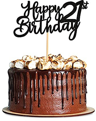 Blumomon 3 Pack Happy 21st Birthday Cake Topper - Black Glitter Decoration for Party Supplies