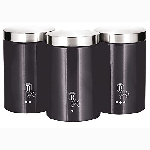 Berlinger Haus Carbon Pro Juego de 3 Botes Cocina Almacenaje de Acero Inoxidable Resistente, 11 x 17,8 cm, Para Guardar Té, Café y Azúcar, Metallic Line Diseño Moderno, Gris Oscuro /Inox