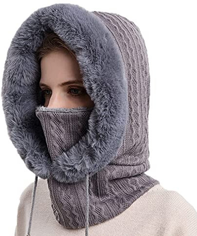 JFAN Cagoule Femme Hiver avec Doublure Molleton éPais Chaud Bonnet Femme Hiver Chaud éCharpe pour l'hiver Cyclisme Ski Bonnet Cache Cou Femme,Gris Taille Unique