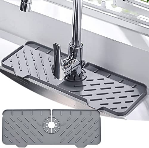 Kukifun Silicone Faucet Handle Drip Catcher Tray,40cmx15cm Sink Tap Splash Guard Draining Protector Mat for Kitchen Bathroom,Gray,A Style