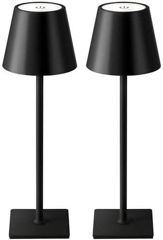 KDG 2 Pack Cordless Table Lamp, Portable LED Desk Lamps, 5000mAh Battery Operated, 3 Color Stepless Dimming Up, for Restaurant, Bedroom, Outdoor Camping, Coffee Shop, Night Light, Rechargeable (Black)