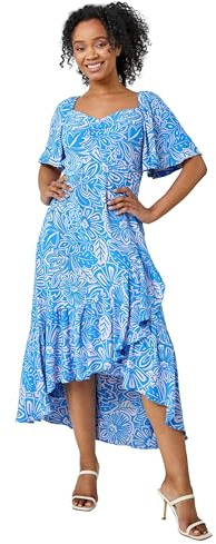 Roman Petite Floral Print Ruched Midi Dress for Women UK - Ladies Spring Everyday Summer Holiday Sweetheart Neckline Comfy Short Sleeve Soft Frock Frill Hem Gowns - Blue - Size 8