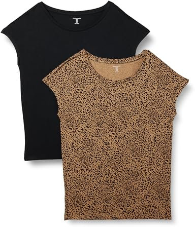 Amazon Essentials Camiseta de Jersey con Cuello de Barco de Manga Corta y Corte Estándar Mujer, Pack de 2, Marrón Guepardo/Negro, M
