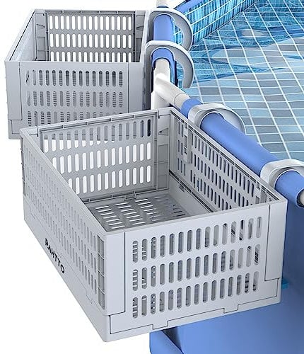 XL Poolside Storage Basket 2pcs, Foldable Above Ground Pool Storage Basket for Pool Toys, Towels, Beverages, Poolside Organizer, Pool Accessories for Above Ground Swimming Pool, Grey