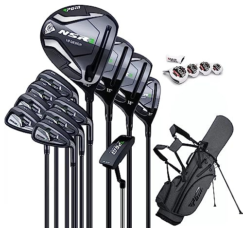 PGM Mens Golf Clubs Set 12 Piece 3 Wood (#1,3,5), 1 Hybrid (#4H), 6 Irons (#5,6,7,8,9,PW), 1 Sand Wedge (52°), 1 Putter - Golf Bag MTG033-2