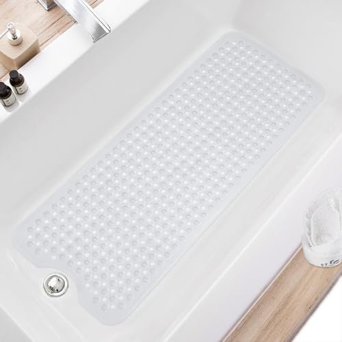 TEESHLY Bath Tub and Shower Mats, Non Slip 40 x 16 Inch Extra Large Bathtub Mat, Machine Washable Bathmat with Drain Holes, Suction Cups for Bathroom Floor (Clear)