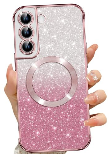 Phoona Coque Magnétique pour Samsung Galaxy S22+, Etui à Paillettes Compatible avec MagSafe, Antichoc Charge sans Fil Housse pour Samsung S22 Plus 5G, avec 2 Verre Trempé, Rose