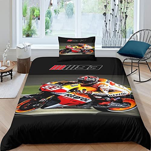 VOLDAX Motogp Bettbezug-Set 3D Motocross-Muster bedruckte Bettwäsche Bettbezug-Set, weiche Mikrofaser Motorrad-Bettbezug Einzelbett (135 x 200 cm)