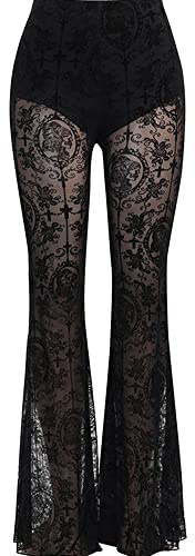 YUDATPG Pantaloni da donna con fondo a campana in pizzo leggings svasati tinta unita pieghettato a vita alta maglia velata gotico punk hippie scava fuori, Nero , L