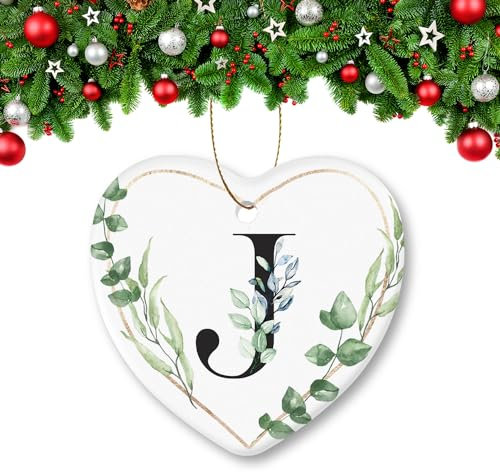 2023 Christmas Ornaments Ceramic Christmas Tree Decorations Durable Heart-Shape Hanging Ornament 3.22X3.07in Alphabet Initial Letter Pendant - J
