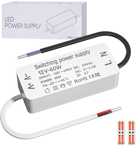 Luxvista Transformateur DC 12V 60W, Étanche IP67 AC à DC 5A pour Extérieur, Projecteur LED GU4 G4 GU5.3 Bandes LED